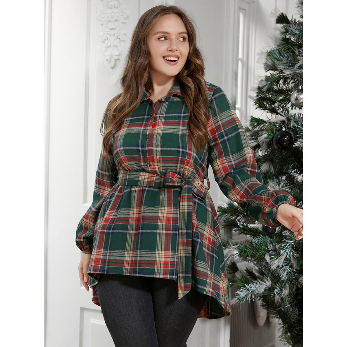 Plus Size Multicolor Plaid Shirt Collar Button Belted High Low Hem Blouse Women Casual Long Sleeve Shirt collar Everyday Blouses BloomChic 22-24/3X Product Image