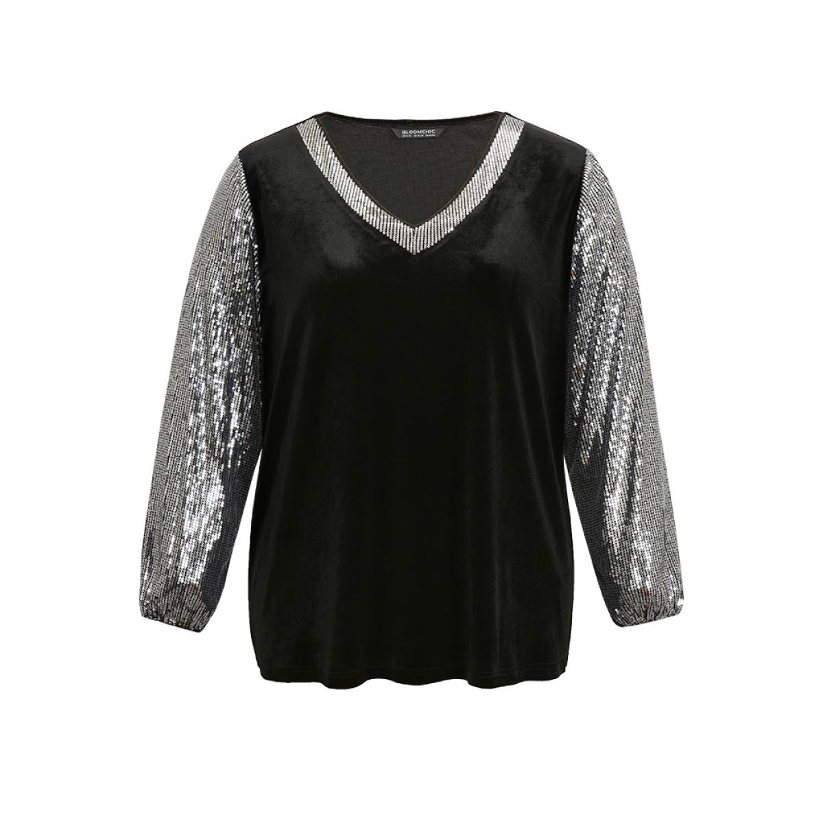 Plus Size Sequin Patchwork V Neck Lantern Sleeve Sweatshirt Women Black Cocktail Elastic cuffs V-neck Party Sweatshirts BloomChic 18-20/2X Product Image