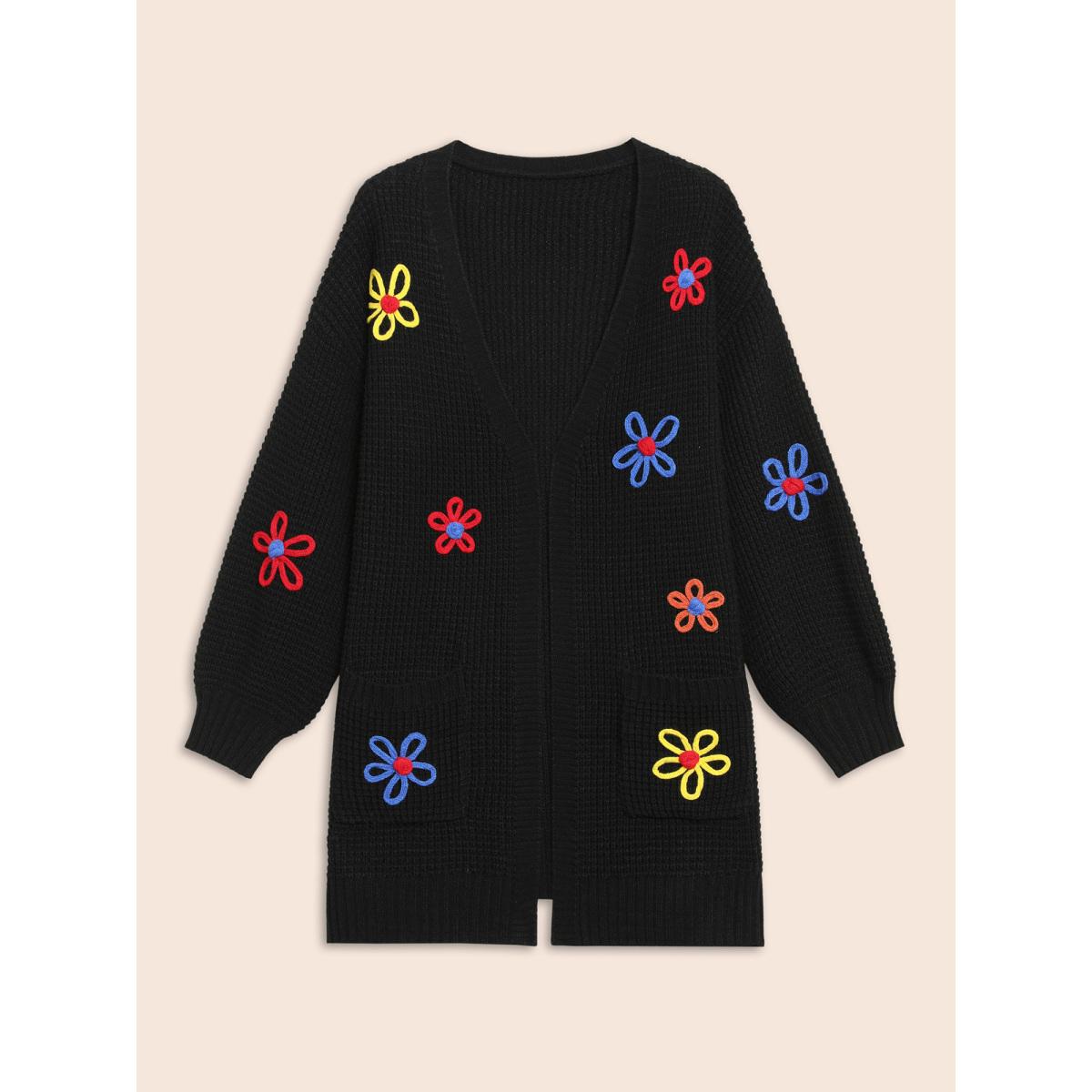 Plus Size Crochet Floral Puff Sleeve Pocket Cardigan Black Women Casual Loose Long Sleeve Everyday Cardigans BloomChic 28/5X Product Image
