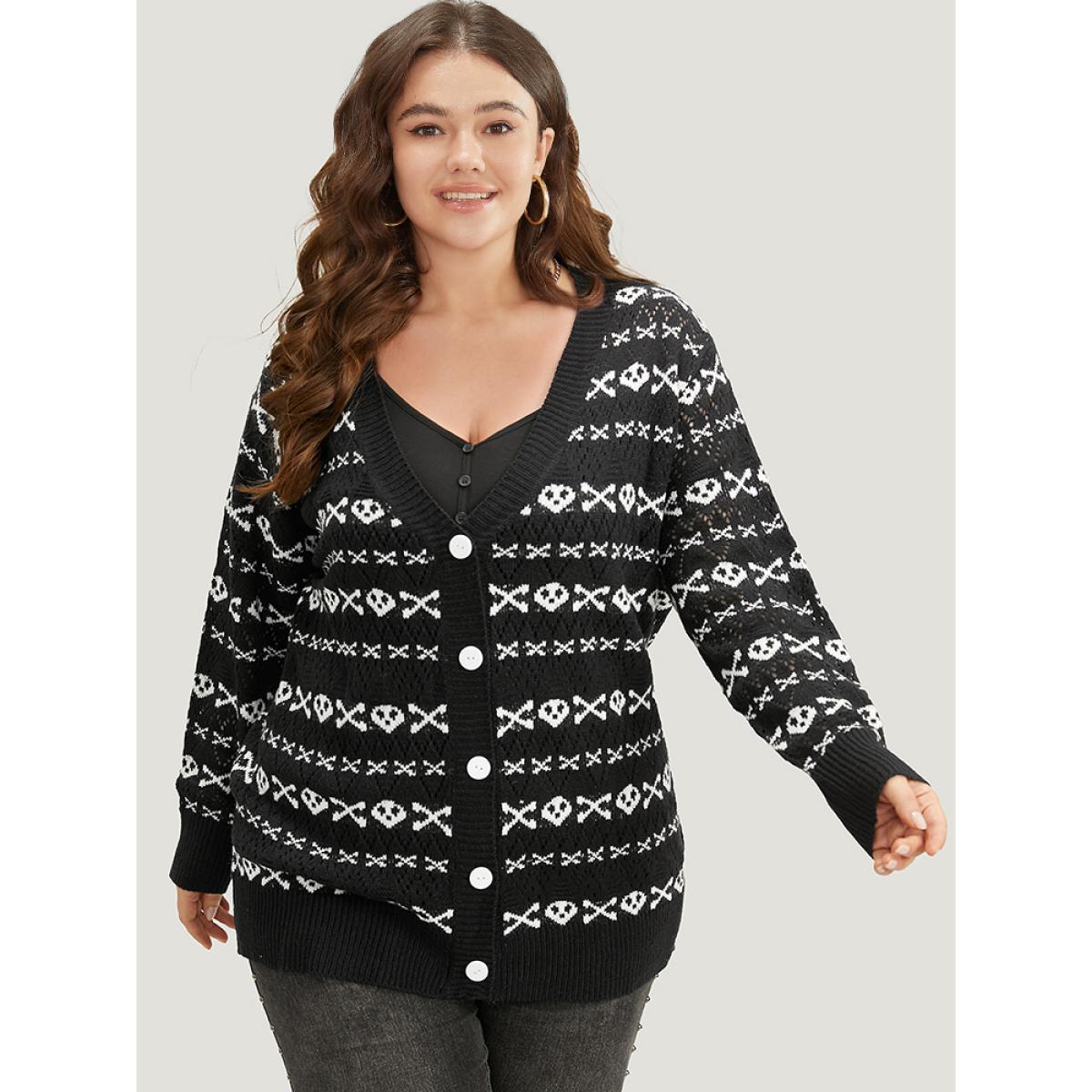 Plus Size Halloween Graphic Striped Button Up Cardigan Black Women Casual Loose Long Sleeve Festival-Halloween Cardigans BloomChic 10/M Product Image