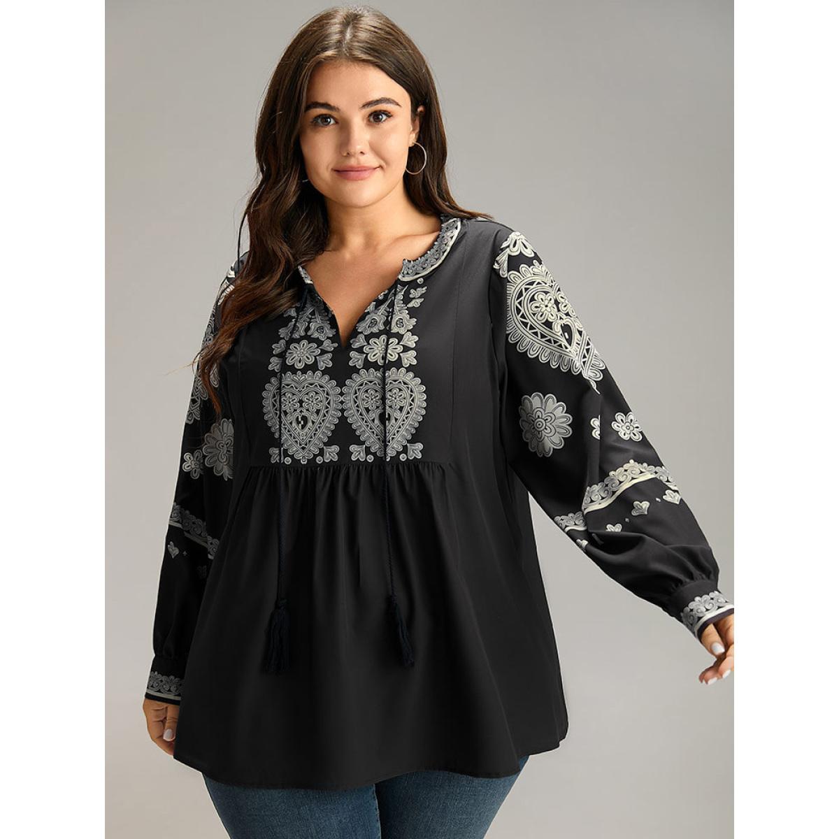 Plus Size BlackFlower Boho Print Tie Neck Tassel Gathered Blouse Women Vacation Long Sleeve Tie Neck Vacation Blouses BloomChic 18-20/2X Product Image