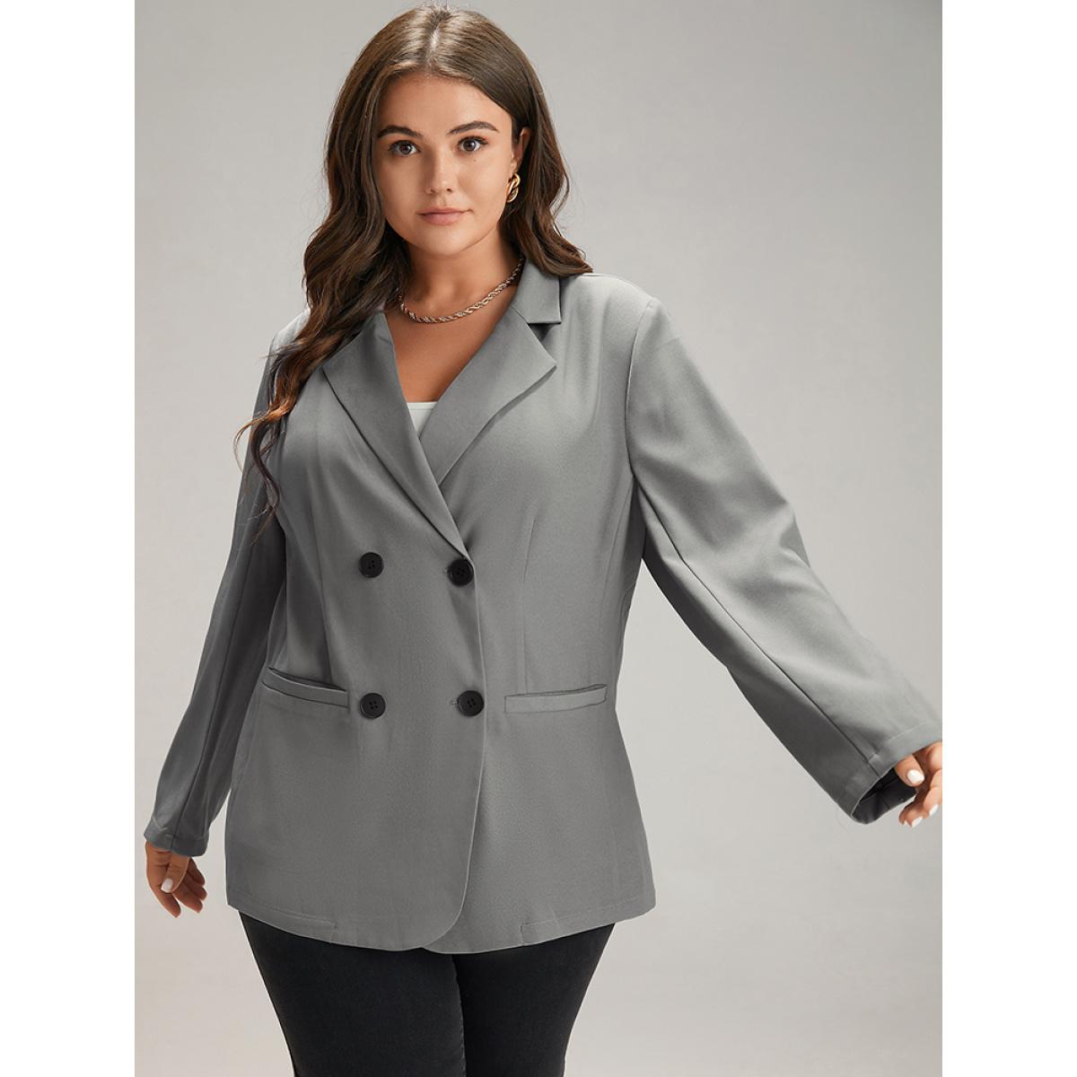 Plus Size Suit Collar Solid Double Breasted Blazer Gray Women Dailywear Plain Plain Sleeve Long Sleeve Suit Collar 10/M Pocket Casual Blazers BloomChic Product Image