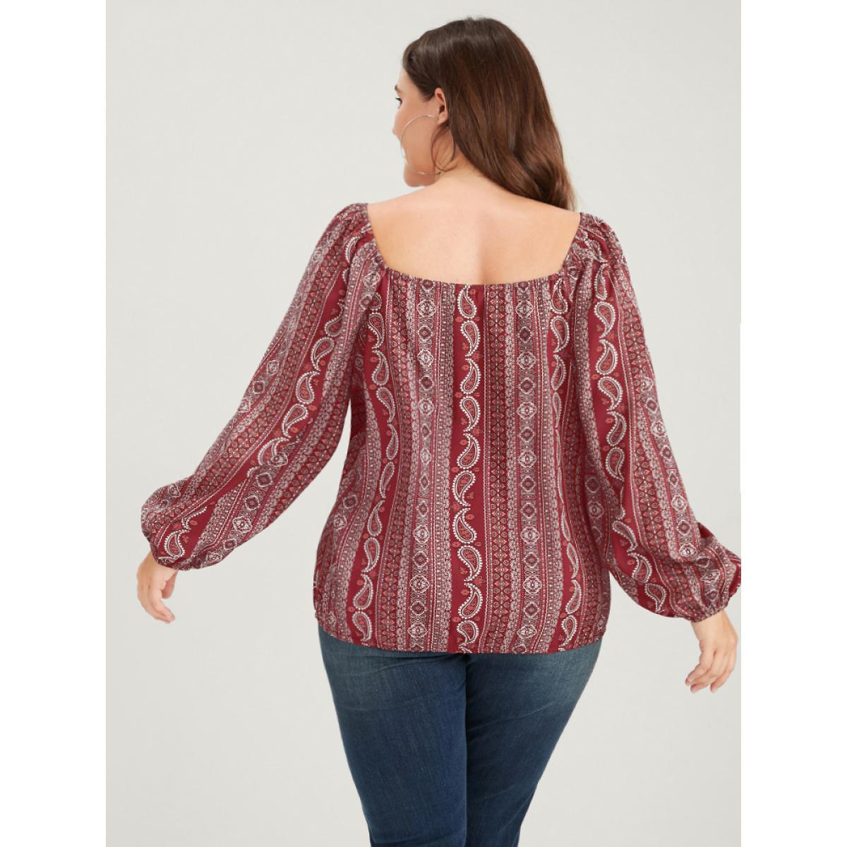 Plus Size Red Bandana Striped Lantern Sleeve Button Backless Wrap Blouse Women Elegant Long Sleeve V-neck Dailywear Blouses BloomChic 22-24/3X Product Image