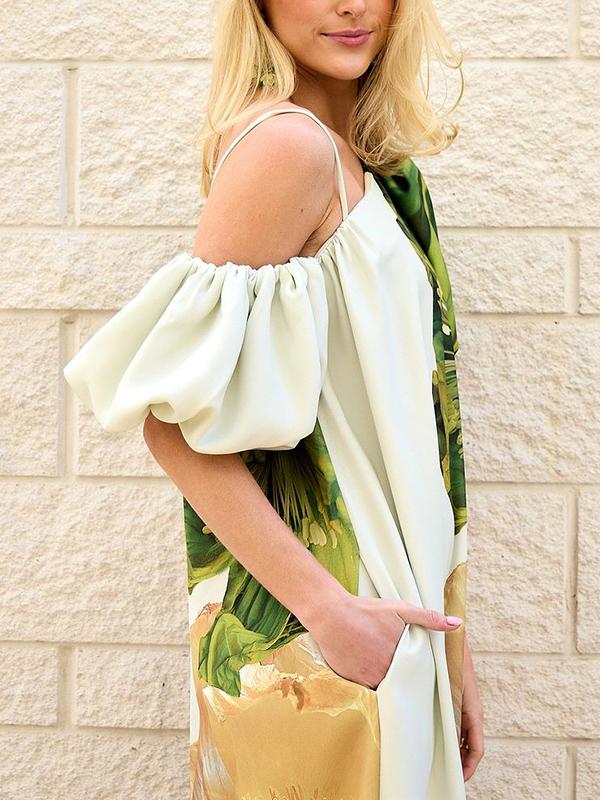 A-Line Loose Elasticity Flower Print One-Shoulder Maxi Dresses Product Image