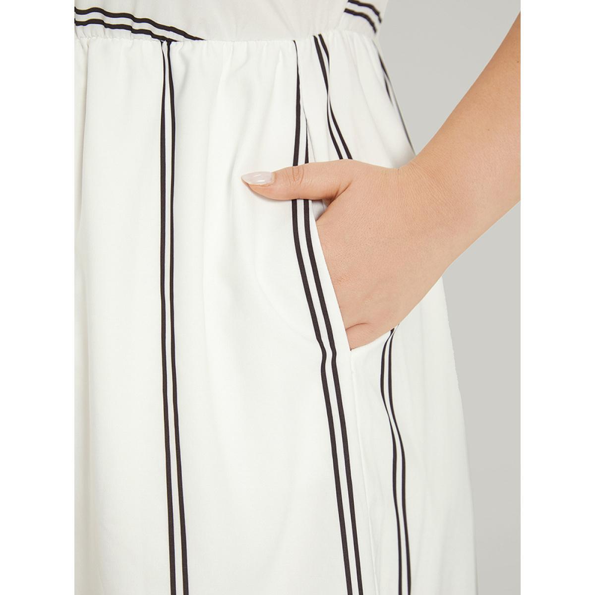 Plus Size Striped Pocket Button Detail Ruffle Elastic Waist Dress White Women Elegant Texture V-neck Sleeveless Curvy Knee Dress BloomChic 12/L Product Image