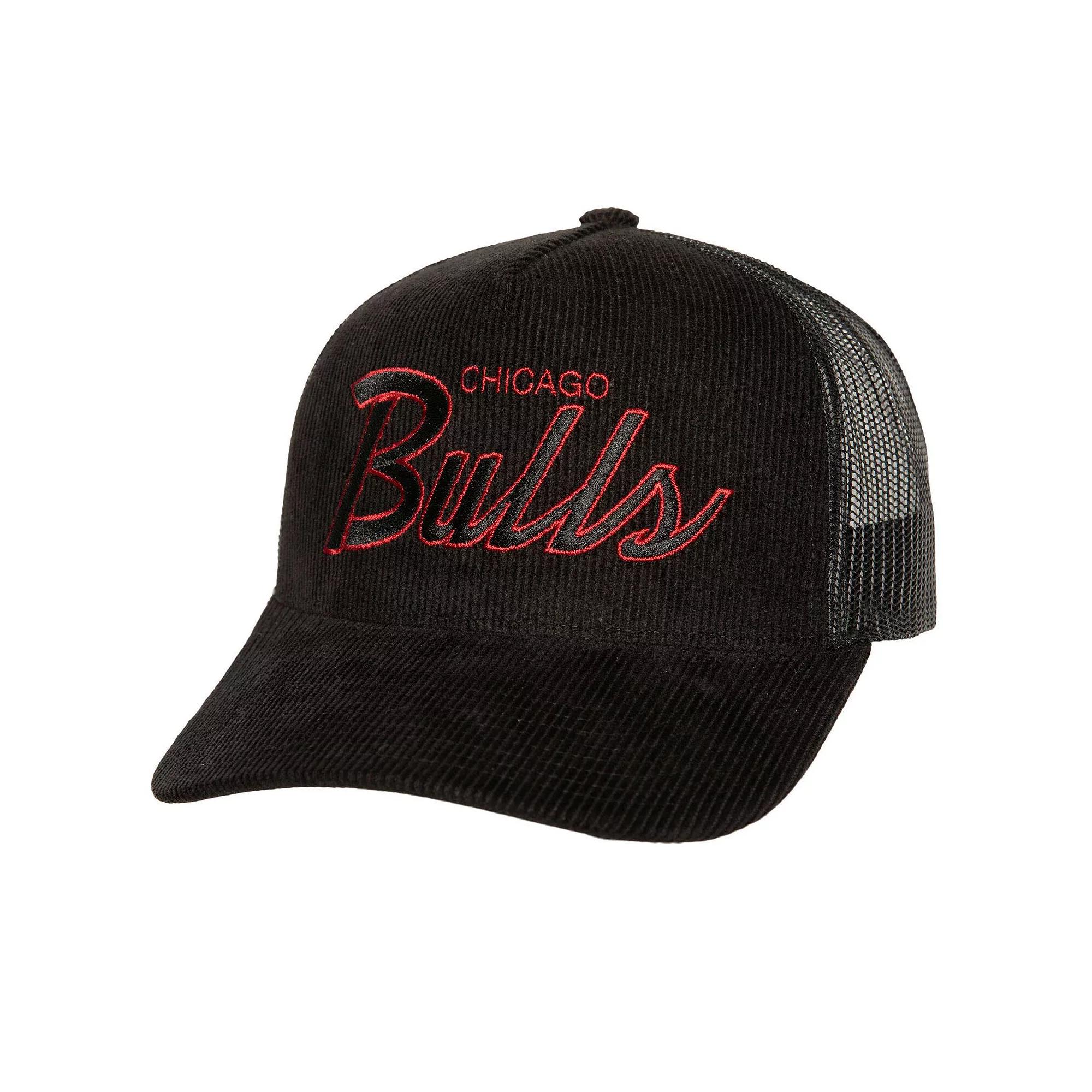 Men's Mitchell & Ness Black Chicago Bulls Times Up Classic Script Cord Trucker Hat Product Image