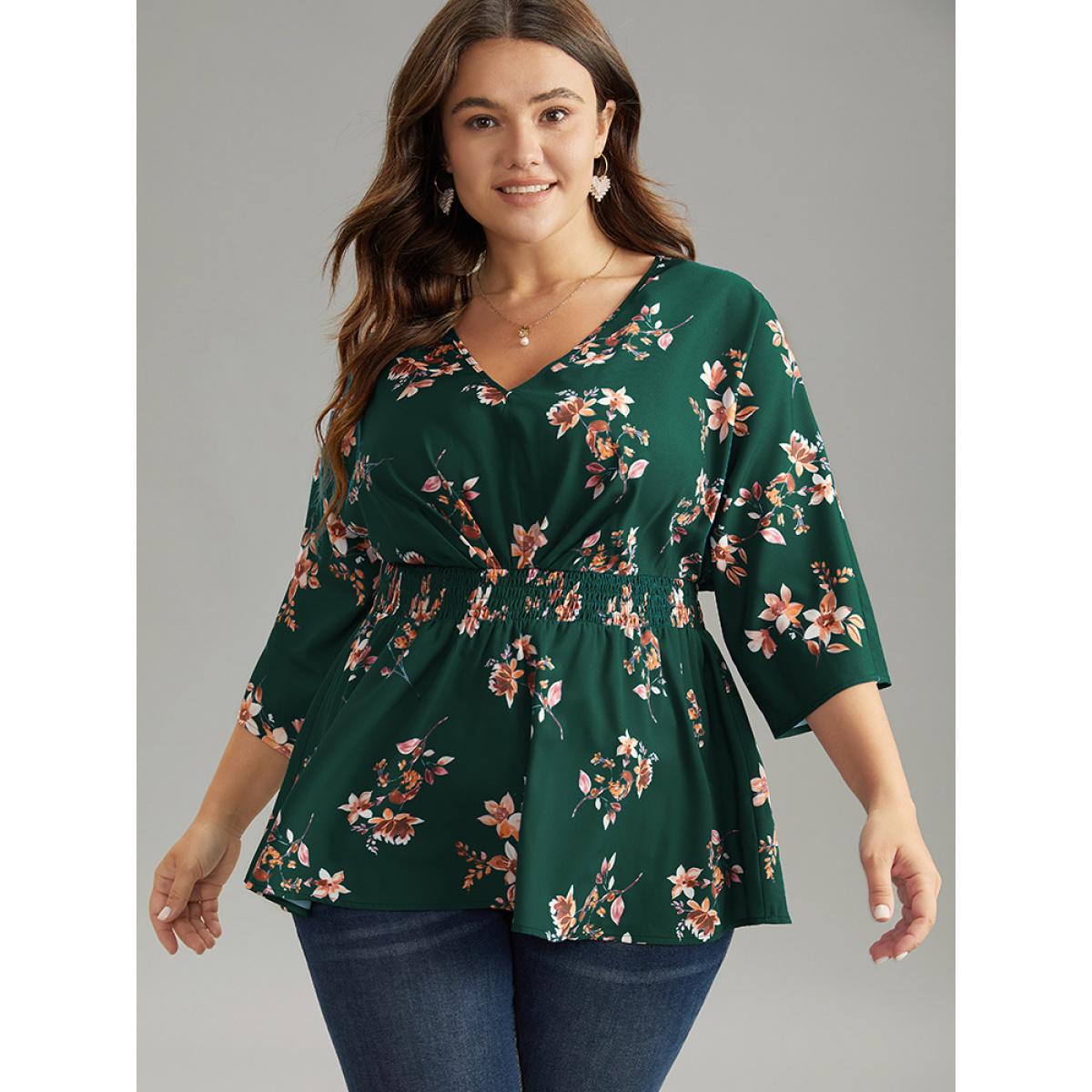 Plus Size DarkGreen Floral Print Shirred Plicated Detail Blouse Women Elegant Elbow-length sleeve V-neck Dailywear Blouses BloomChic 28/5X Product Image