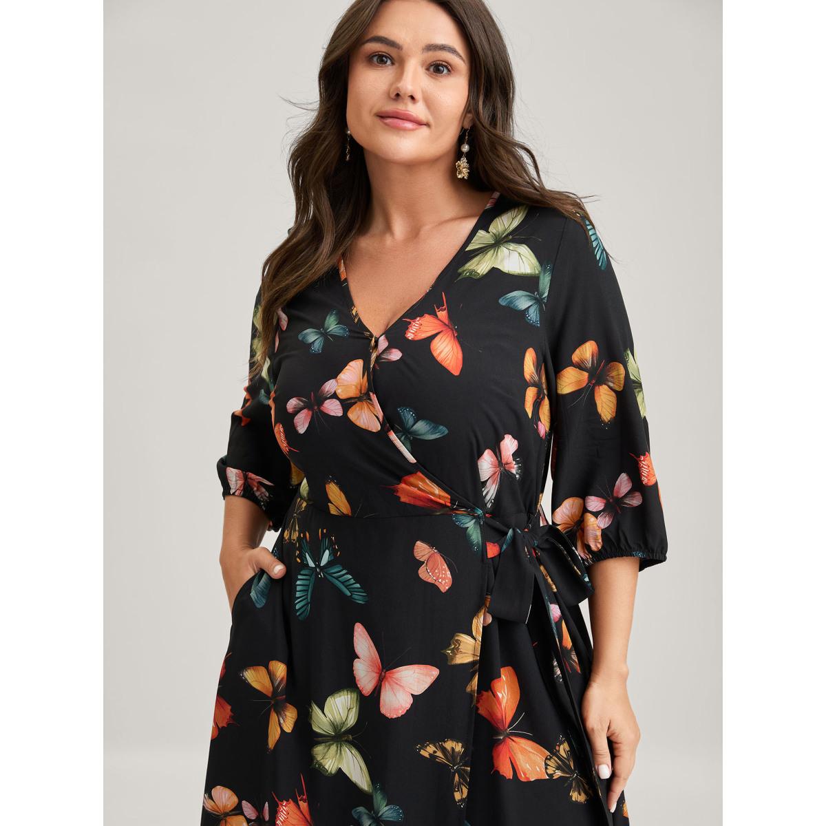 Plus Size Butterfly Print Side Tie Pockets Midi Dress Black Women Overlap Collar Elbow-length sleeve Curvy BloomChic 18-20/2X Product Image