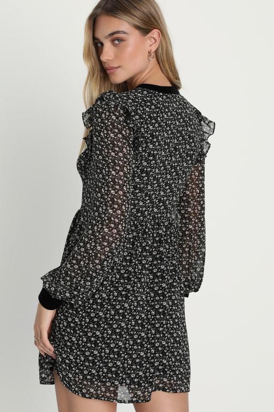 Posh Impression Black Floral Print Tie Neck Mini Dress Product Image