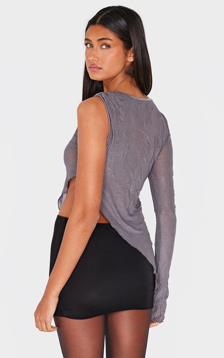 Charcoal Crinkle Mesh Sleeve Detail Asymmetric Hem Long Top Product Image