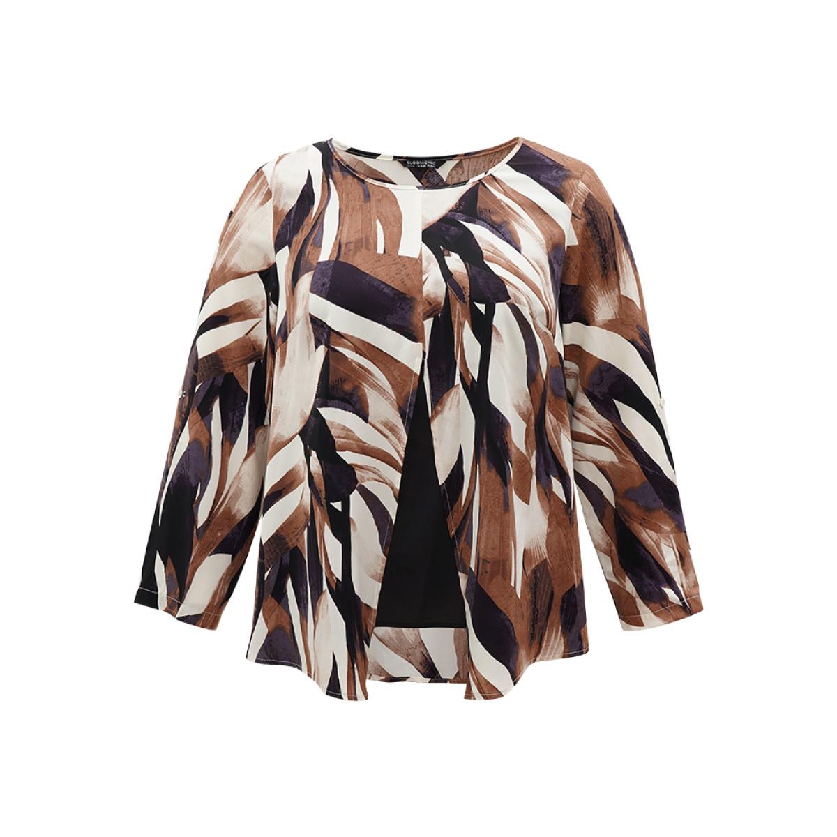 Plus Size DarkBrown Geometric Print 2-In-1 Split Round Neck Blouse Women Vacation Long Sleeve Round Neck Vacation Blouses BloomChic 14-16/1X Product Image