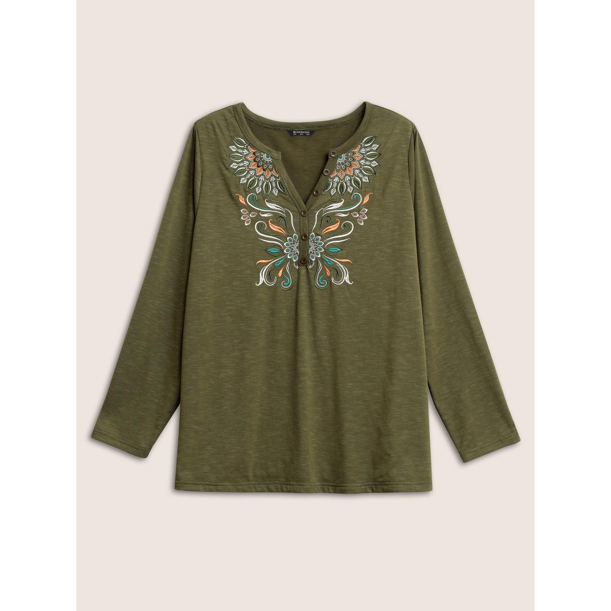Plus Size Bandana Embroidered Notched Button Detail T-shirt ArmyGreen Women Resort Embroidered Bohemian Print Notched collar Vacation T-shirts BloomChic 26/4X Product Image