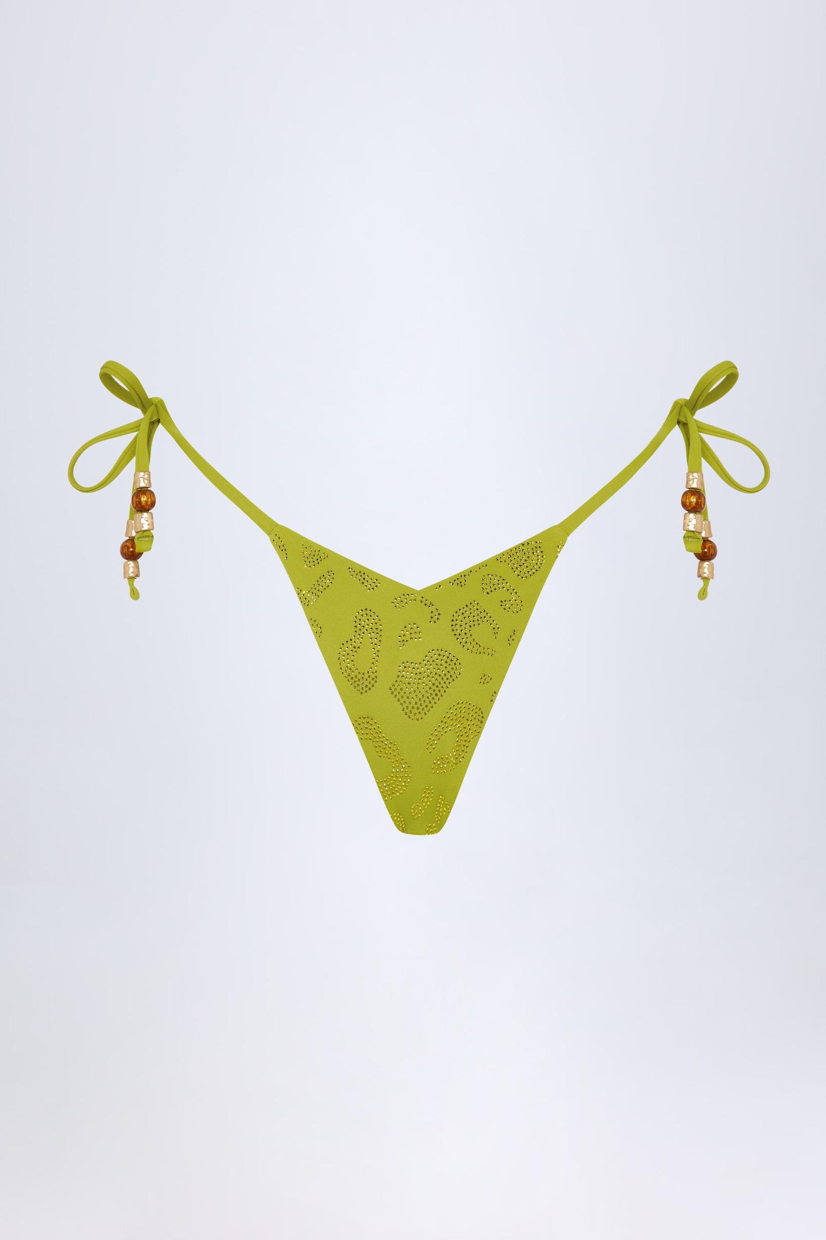 Charm-Detail Thong Bikini Bottoms in Olive Green Product Image