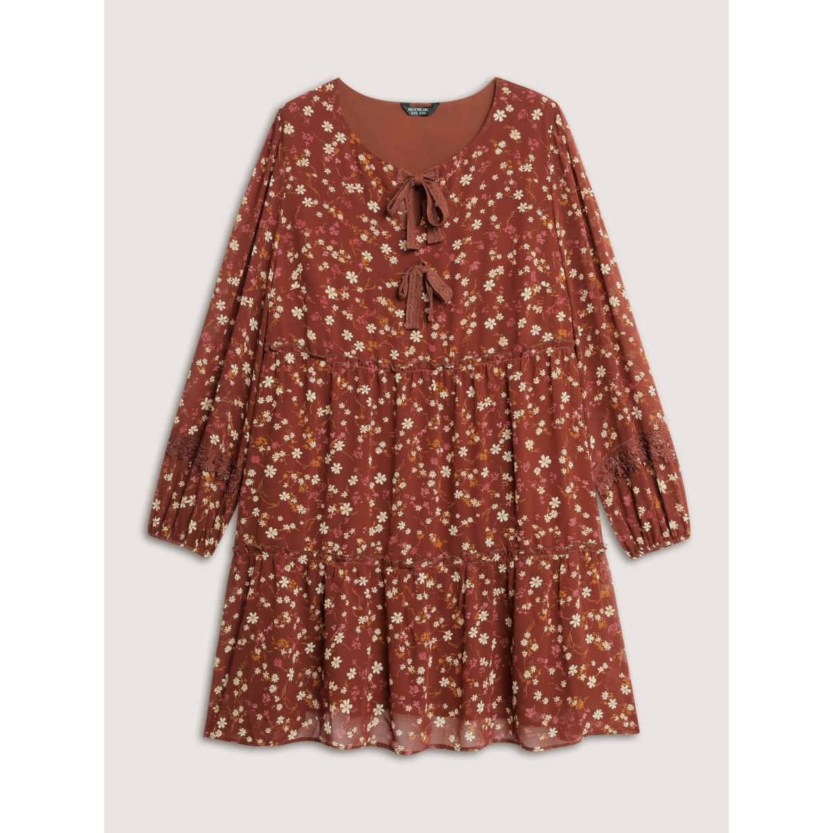 Plus Size Bowknot Neckline Lace Trim Knee-Length Dress Rust Women Timeless Woven ribbon&lace trim Round Neck Extra Long Sleeve Curvy BloomChic 30/6X Product Image