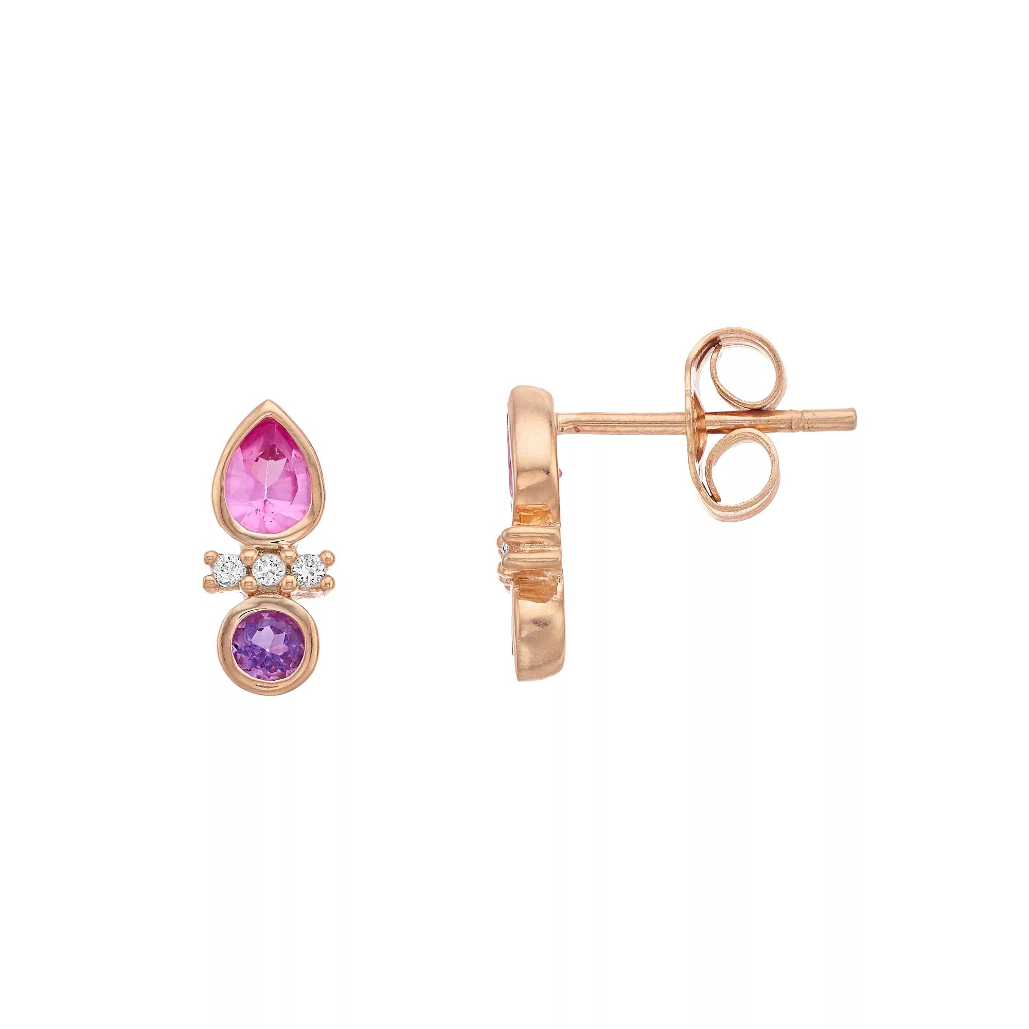 14k Rose Gold Over Silver Amethyst & Lab-Created Pink & White Sapphire Earrings, Women's Product Image