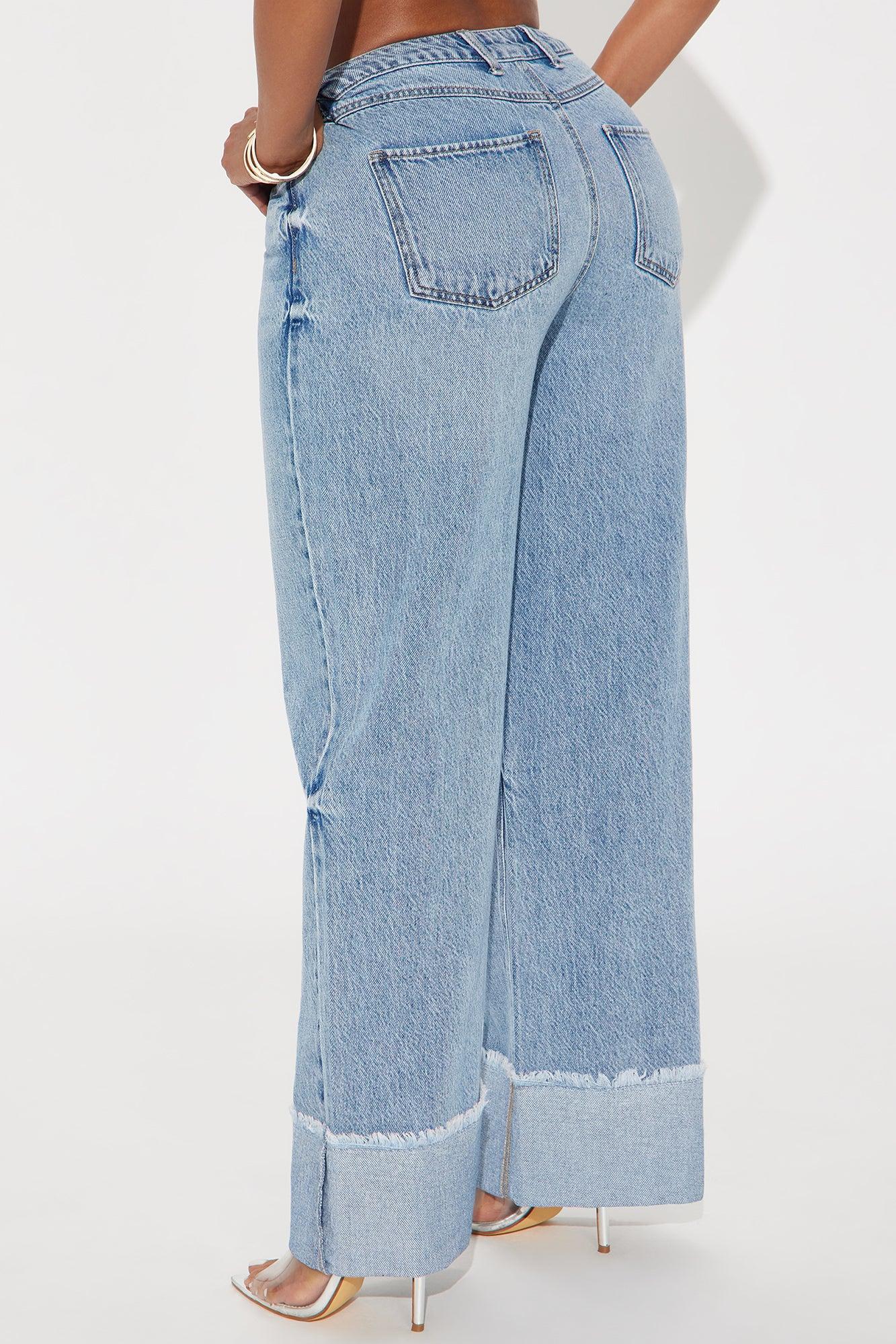 Cuff It Non Stretch Cuffed Wide Leg Jeans - Medium Wash Product Image