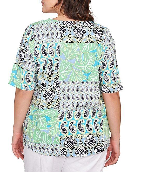 Ruby Rd. Plus Size Bali Patchwork Print Split V-Neck Short Sleeve Knit Tee Product Image