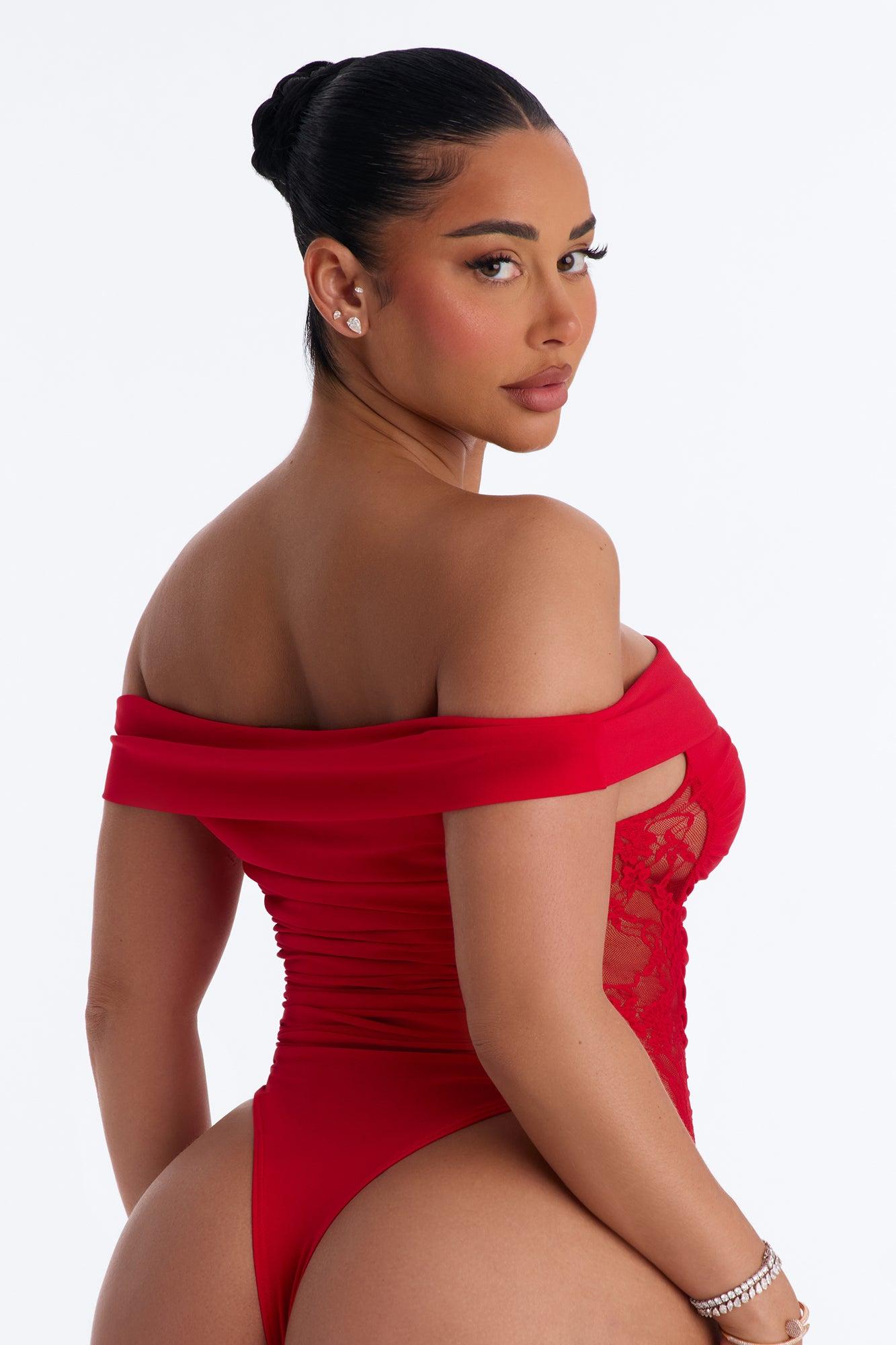 Show A Little Lace Off Shoulder Bodysuit - Red Female Product Image