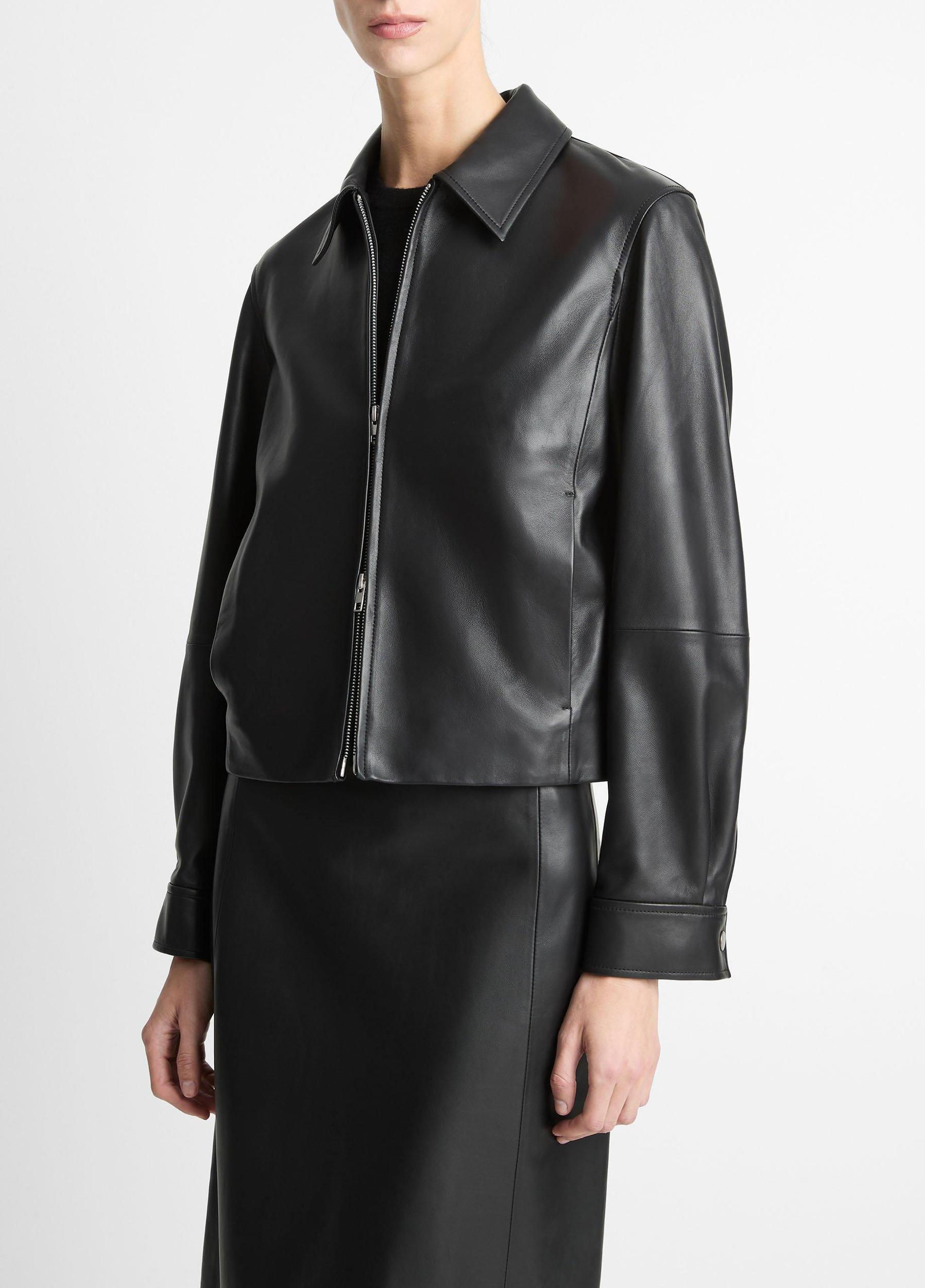 Leather Cropped Zip-Front Jacket Product Image