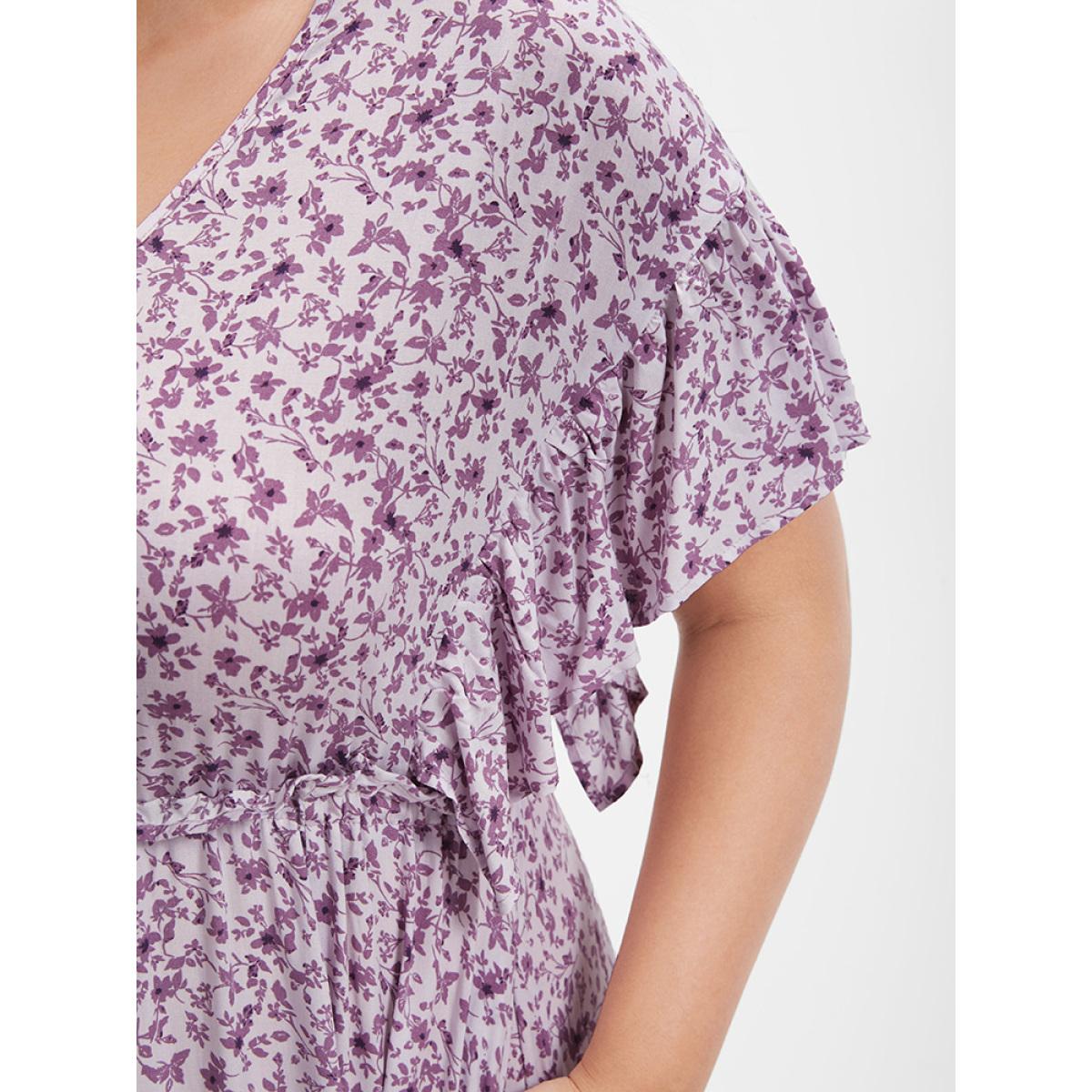 Plus Size Ditsy Floral Ruffles Pocket Button Split Maxi Dress Plum Women Elegant Printed V-neck Cap Sleeve Curvy Long Dress BloomChic 22-24/3X Product Image