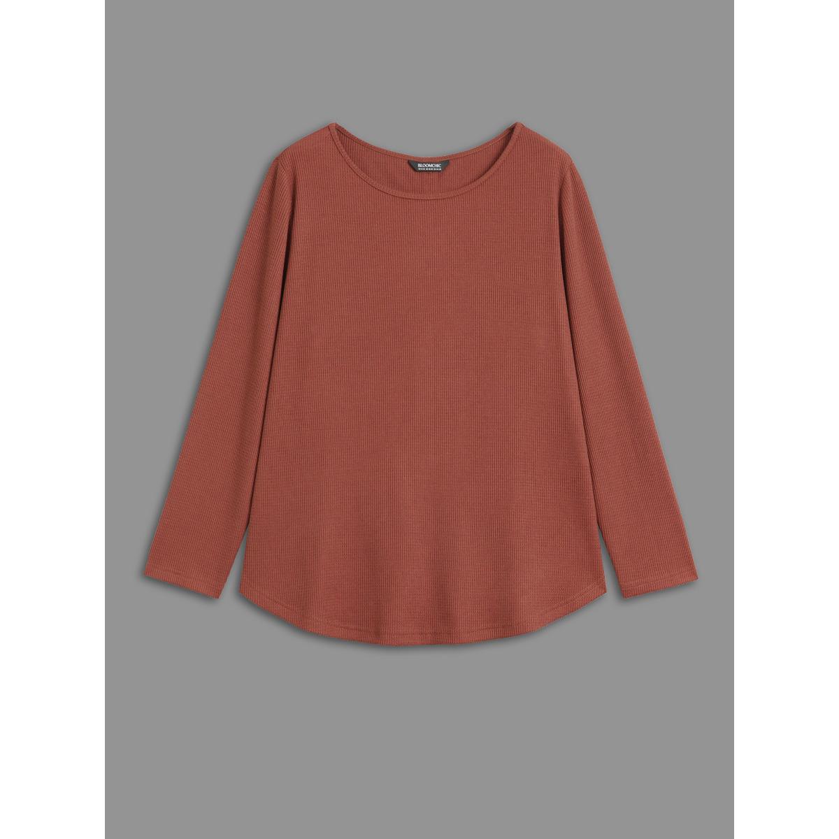 Plus Size Waffle Knit Button Detail Arc Hem T-shirt Rust Women Casual Texture Round Neck Everyday T-shirts BloomChic 12/L Product Image