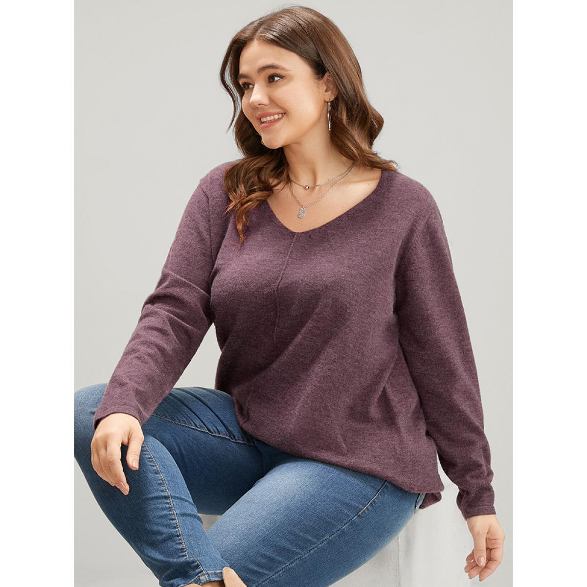 Plus Size Solid Pointelle Knit V Neck Heather Knit Top Russet Women Casual Loose Long Sleeve V-neck Dailywear Pullovers BloomChic 22-24/3X Product Image