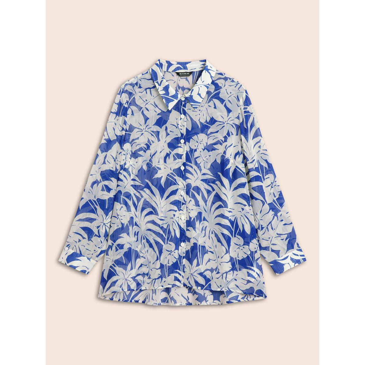 Plus Size Brightblue Silhouette Floral Print Shirt Collar Blouse Women Work From Home Long Sleeve Shirt collar Work Blouses BloomChic 14-16/1X Product Image