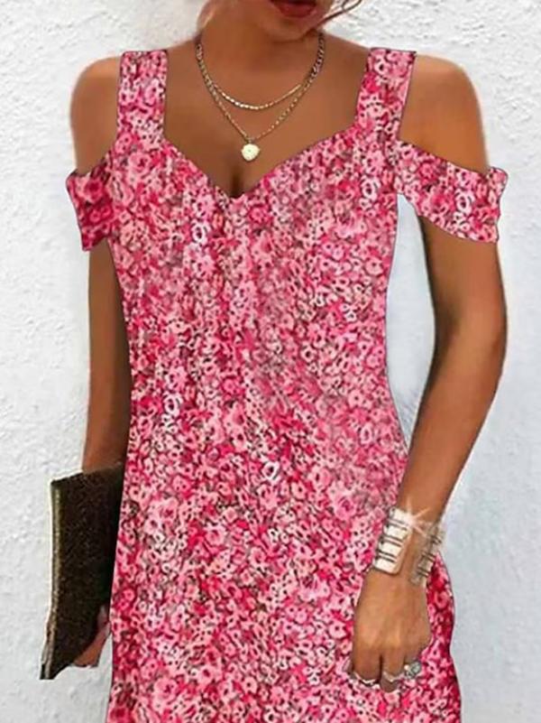 A-Line High Waisted Flower Print Hollow Cold Shoulder Mini Dresses Product Image