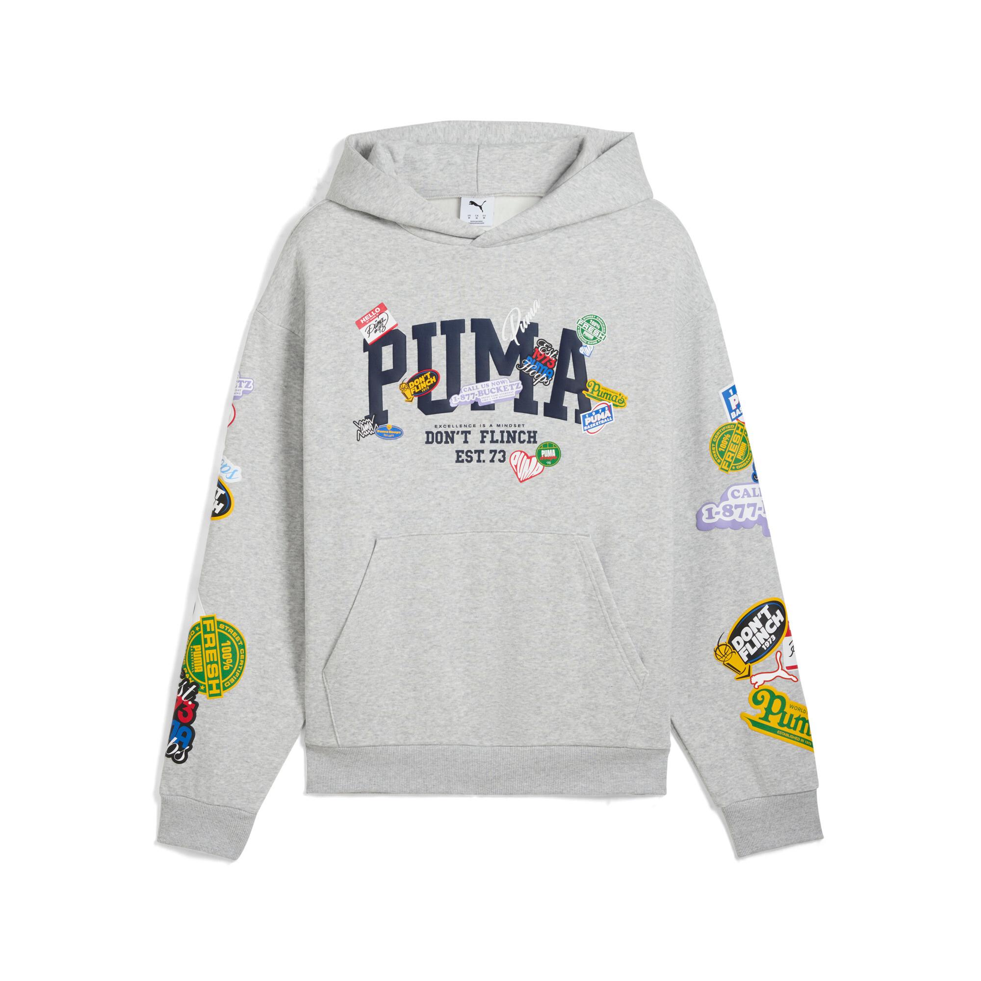 PUMA Sticker Pack Pullover Hoodie Men in Grey Product Image