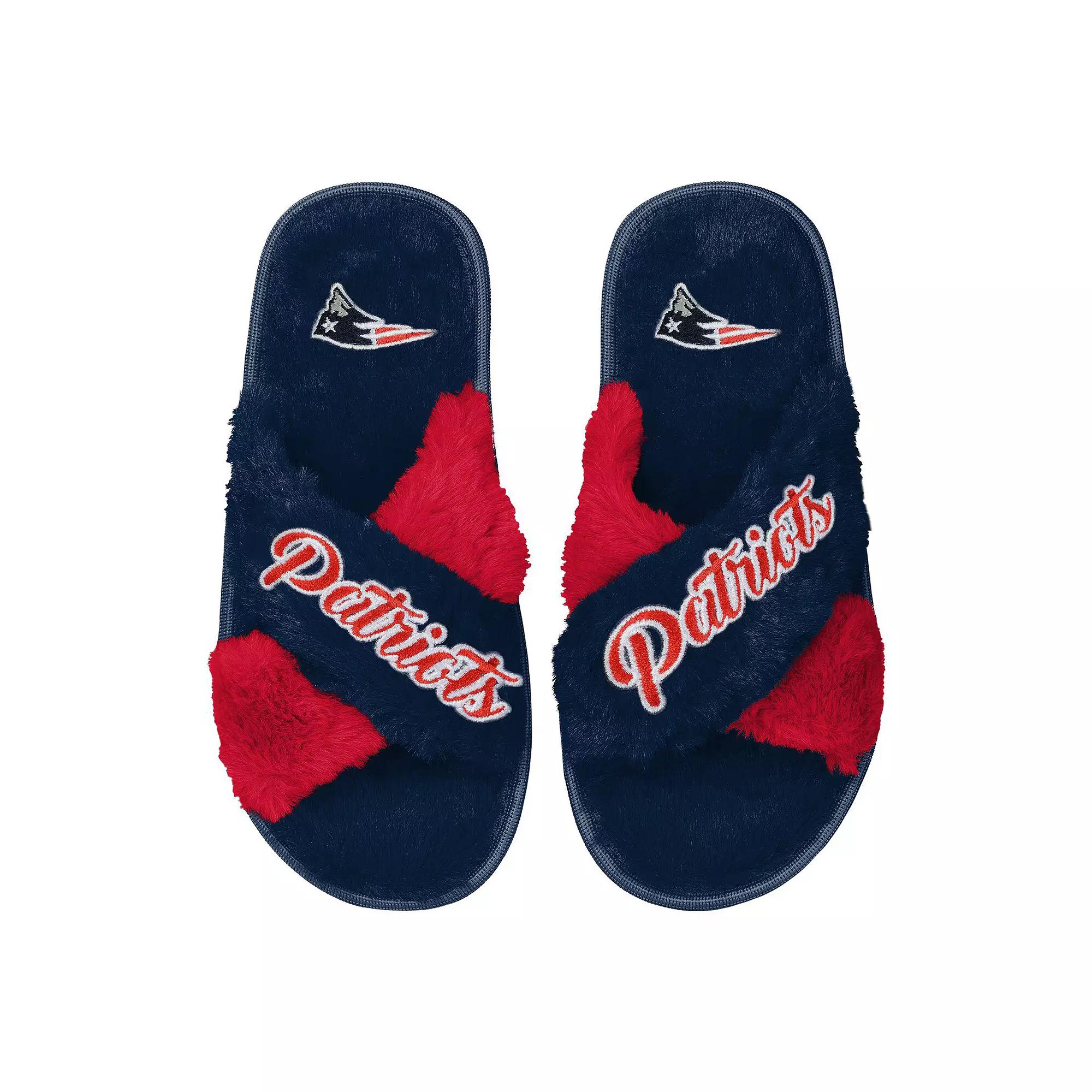 Women's FOCO Navy New England Patriots Two-Tone Crossover Faux Fur Slide Slippers, Size: XL, Blue Product Image