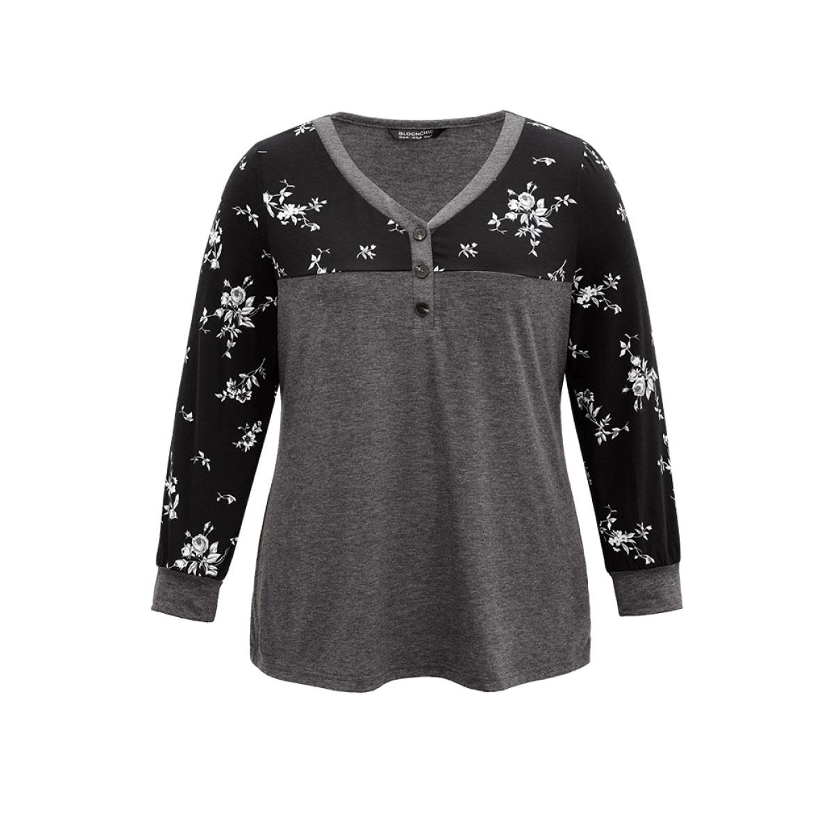 Plus Size Floral Print Patchwork Button Up T-shirt DimGray Women Elegant Printed Patchwork V-neck Dailywear T-shirts BloomChic 14-16/1X Product Image