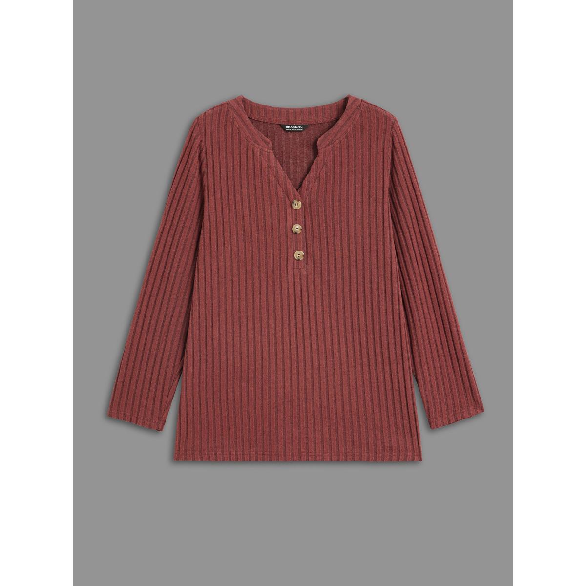 Plus Size Texture Notched Collar Button Up T-shirt Maroon Women Casual Texture Notched collar Everyday T-shirts BloomChic 12/L Product Image