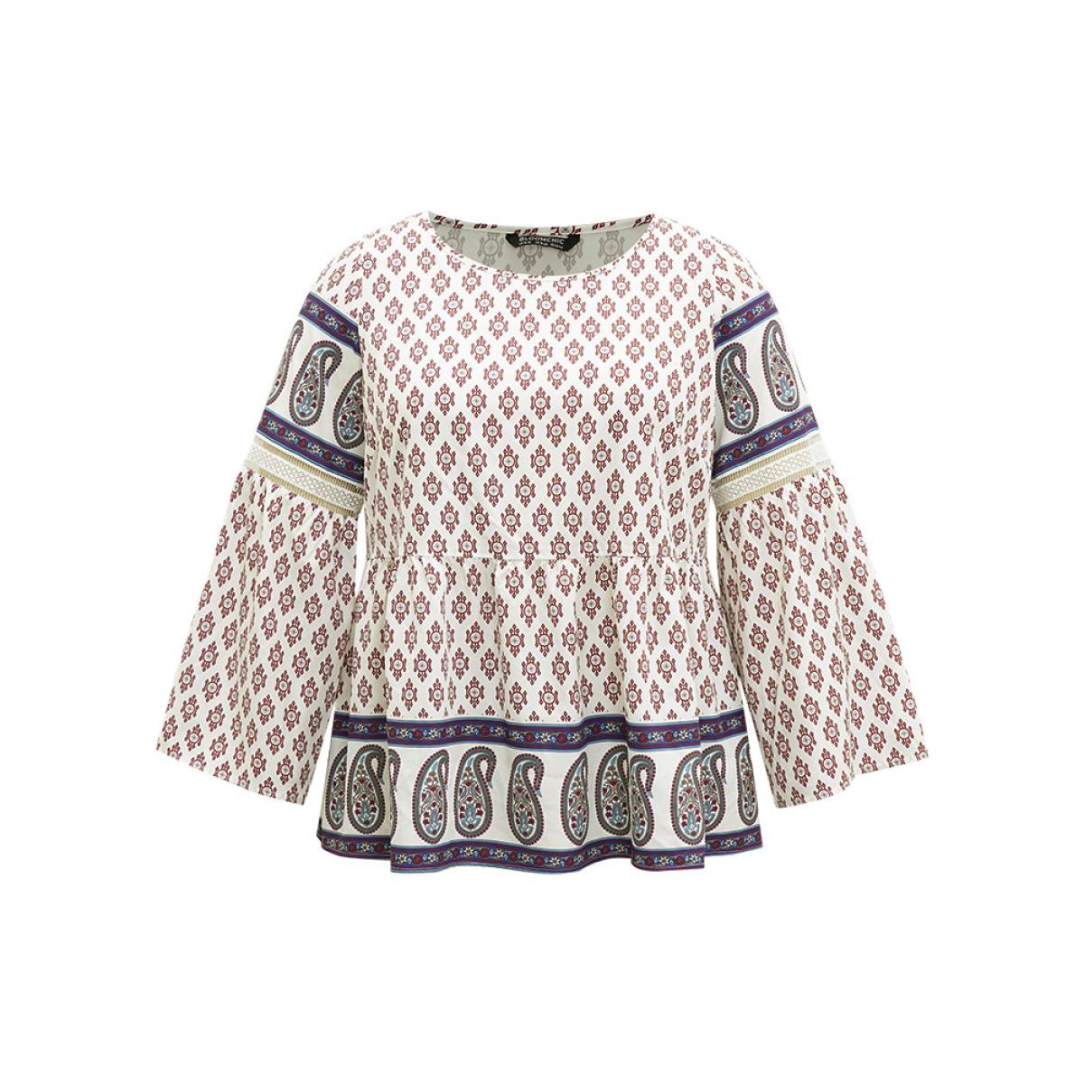 Plus Size Beige Boho Print Patchwork Lace Crew Neck Flutter Sleeve Blouse Women Vacation Long Sleeve Round Neck Vacation Blouses BloomChic 12/L Product Image