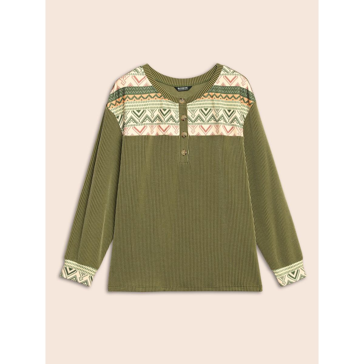 Plus Size Bandana Patchwork Button Up T-shirt ArmyGreen Women Casual Texture Round Neck Everyday T-shirts BloomChic 26/4X Product Image