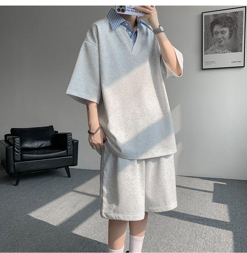 Set: Short Sleeve Collared Striped Mock Two Piece Top + Elastic Waist Plain Sweat Shorts Product Image