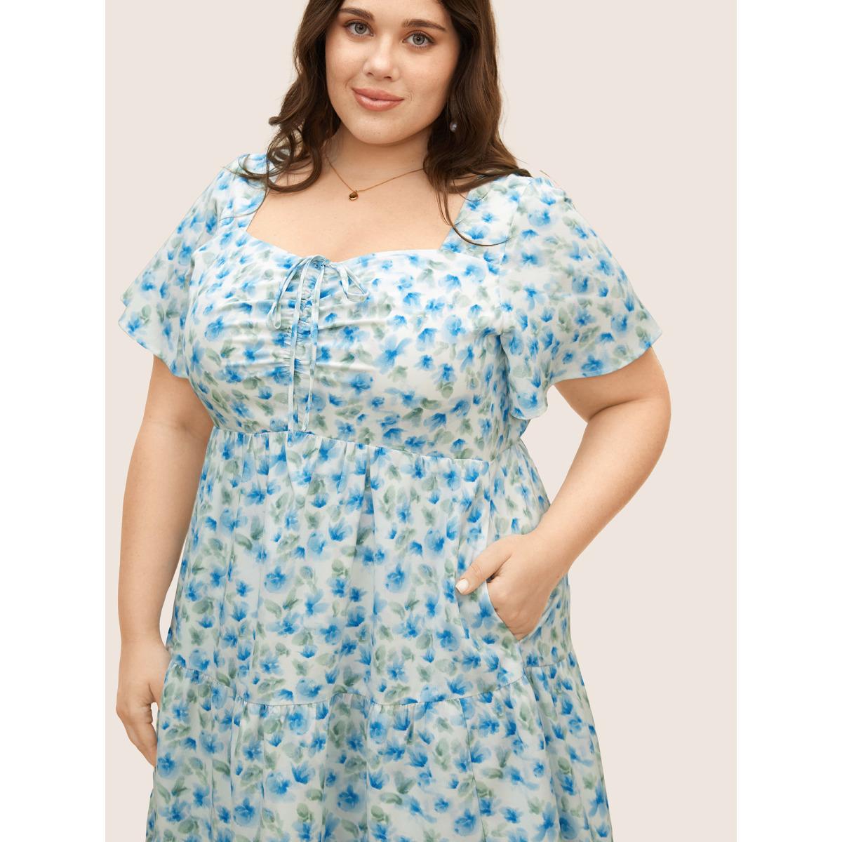 Plus Size Watercolor Floral Drawstring Ruffle Sleeve Midi Dress Skyblue Women Elegant Drawstring Square Neck Short sleeve Curvy BloomChic 26/4X Product Image