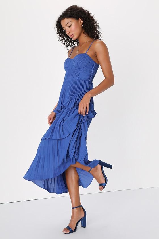 Cascading Crush Cobalt Blue Tiered Bustier Midi Dress Product Image