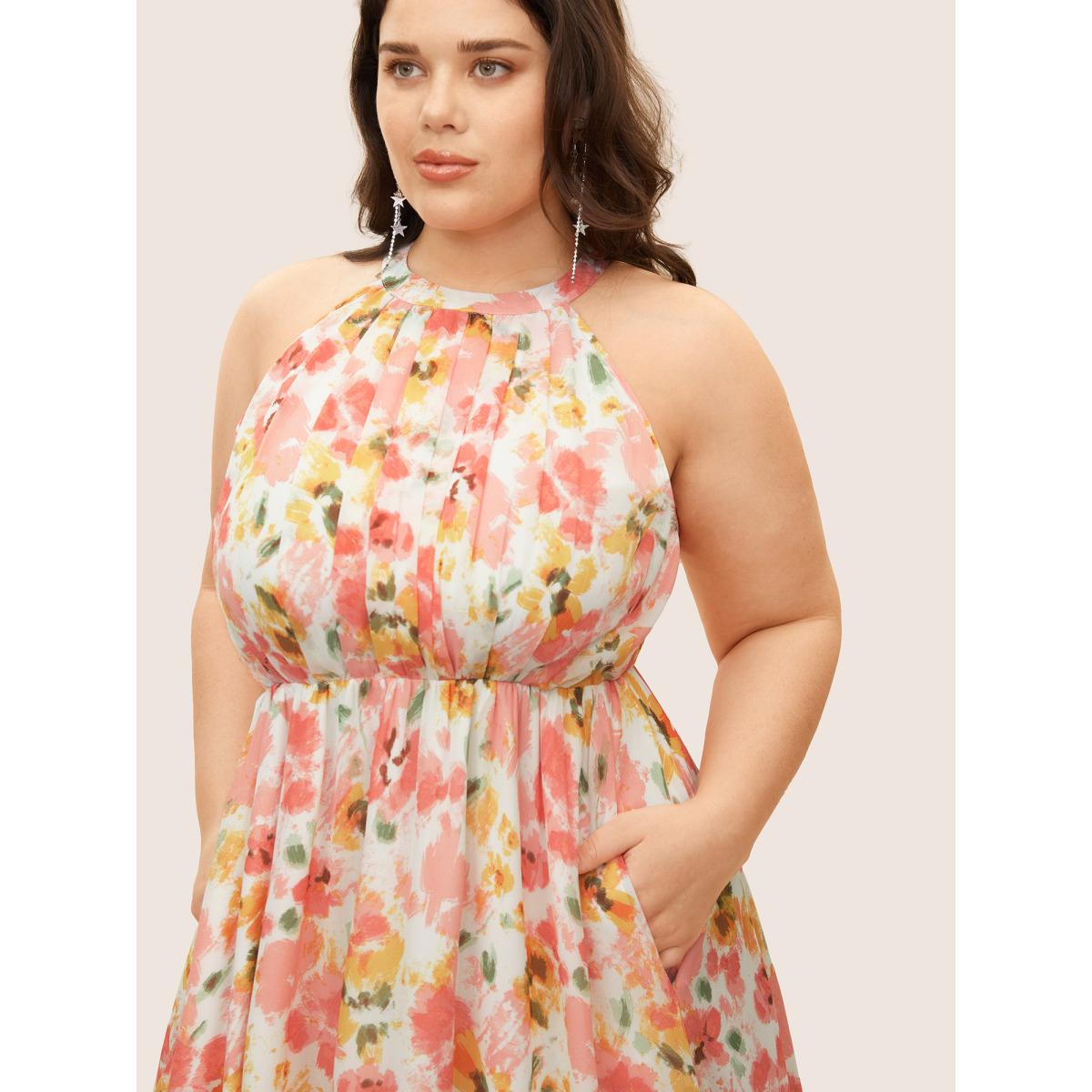 Plus Size Halter Neck Floral Pleated Pocket Dress White Women Formal Shirt collar Sleeveless Curvy BloomChic 22-24/3X Product Image