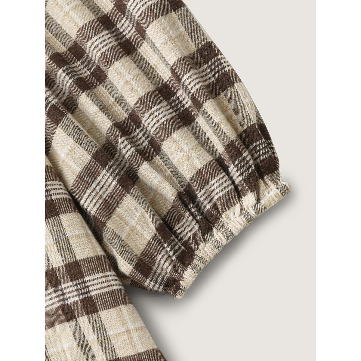 Plus Size DarkBrown Plaid Print Neck Tie-Up Blouse Women Leisure Long Sleeve V-neck Office Blouses BloomChic 26/4X Product Image