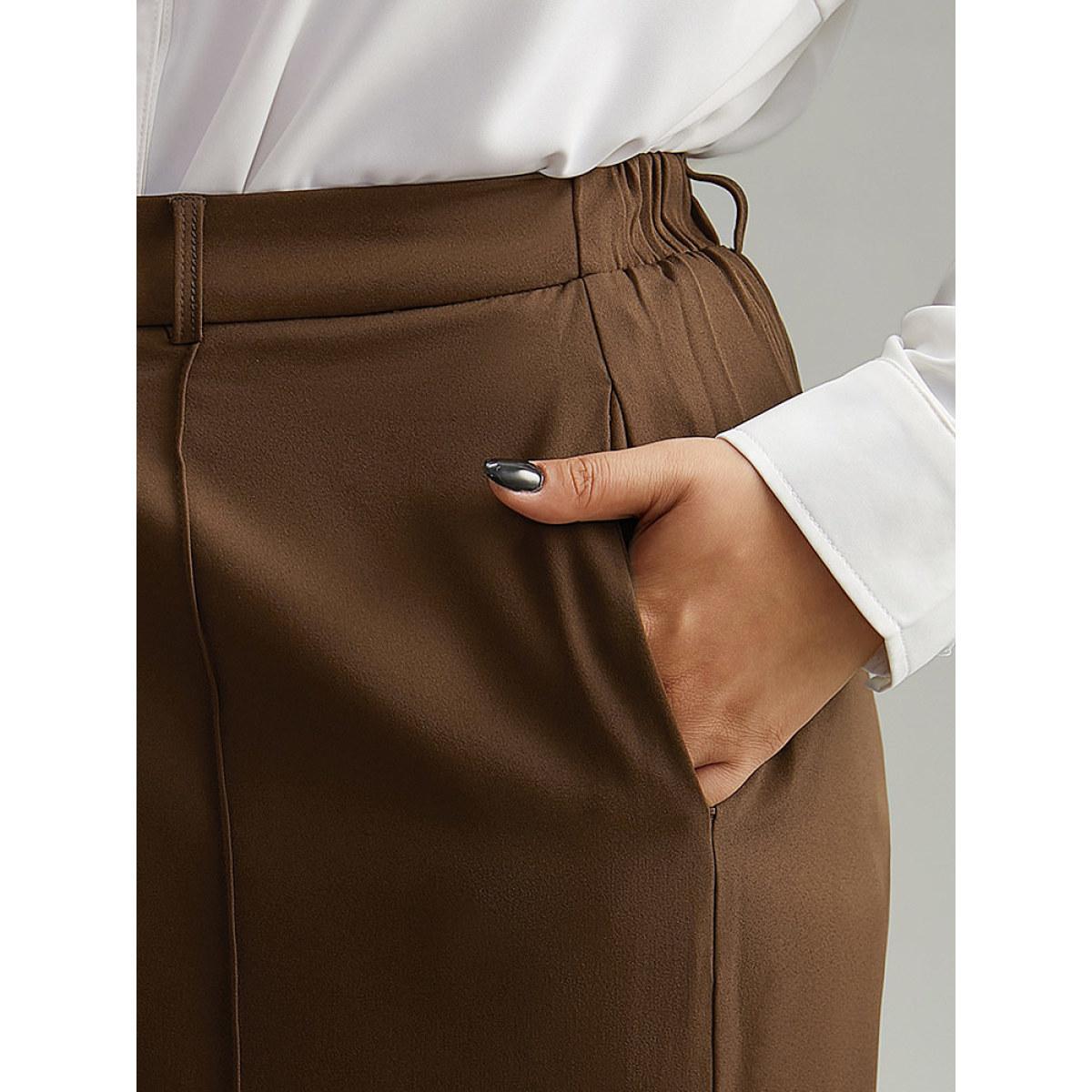 Plus Size Static-Free Plain Pocket Pleated Pants Women DarkBrown Office Straight Leg High Rise Office Pants BloomChic 28/5X Product Image