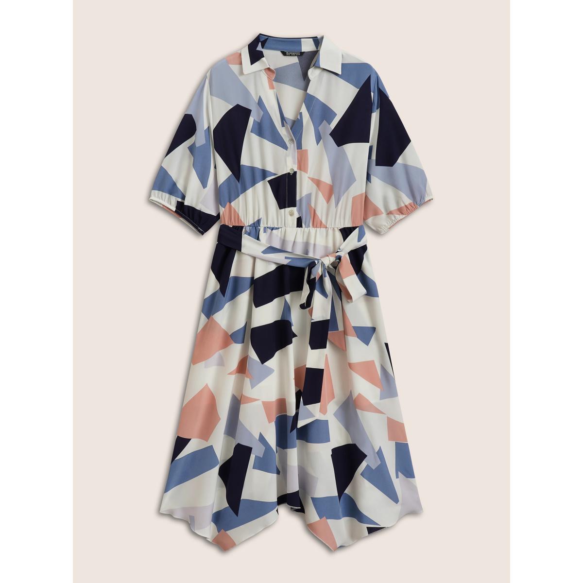 Plus Size Geometric Polo Neck Button Up Belted Dress Beige Women At the Office Belted Shirt collar Short sleeve Curvy Midi Dress BloomChic 10/M Product Image