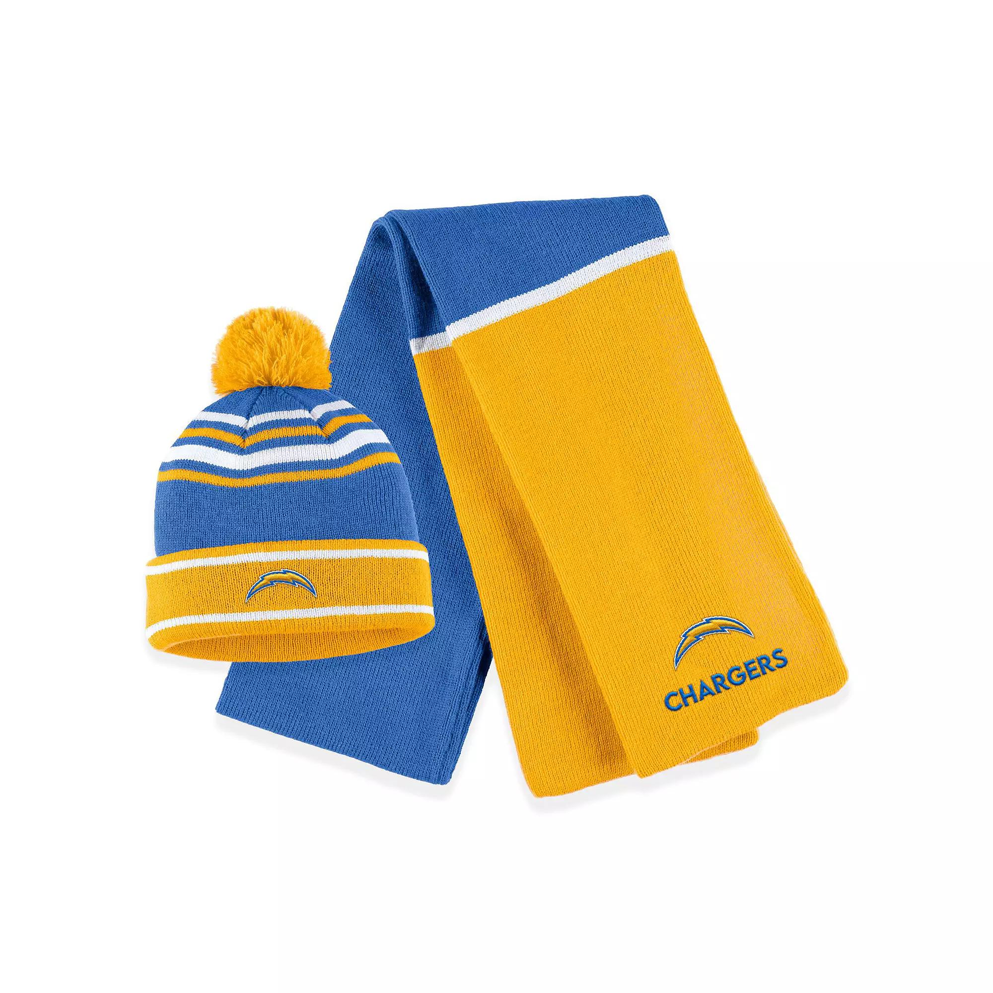 Women's WEAR by Erin Andrews Powder Blue Los Angeles Chargers Colorblock Cuffed Knit Hat with Pom and Scarf Set, Light Product Image