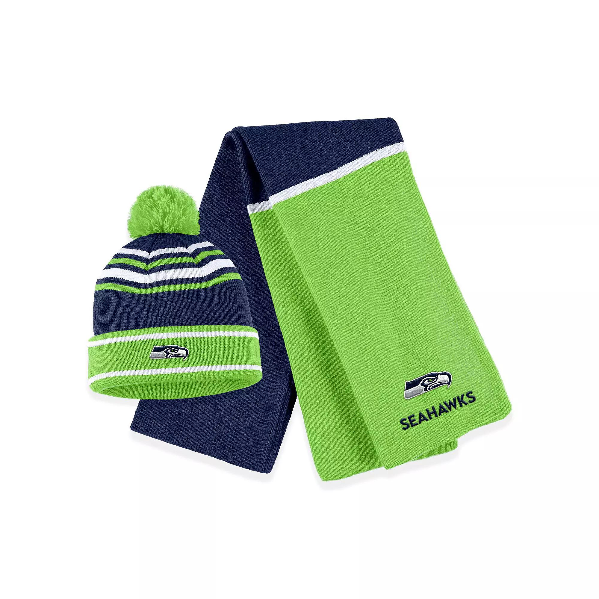 Women's WEAR by Erin Andrews College Navy Seattle Seahawks Colorblock Cuffed Knit Hat with Pom and Scarf Set, Blue Product Image