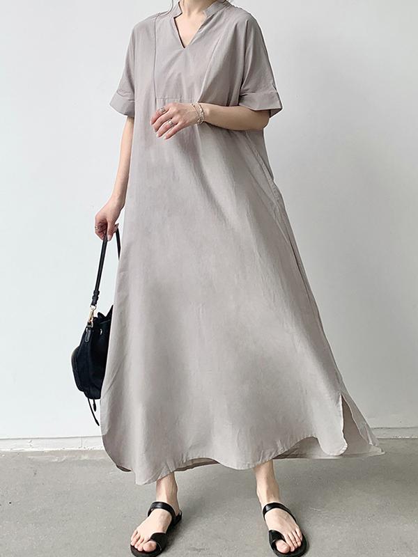 Loose Short Sleeves Solid Color V-Neck Maxi Dresses Product Image
