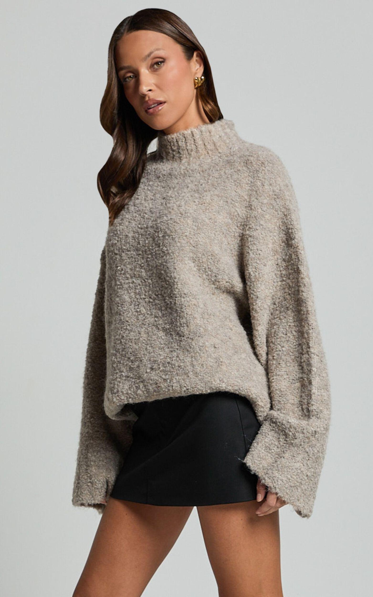 Santi Jumper - Oversized Recycled Knitted High Neck Jumper in Beige Marl Product Image