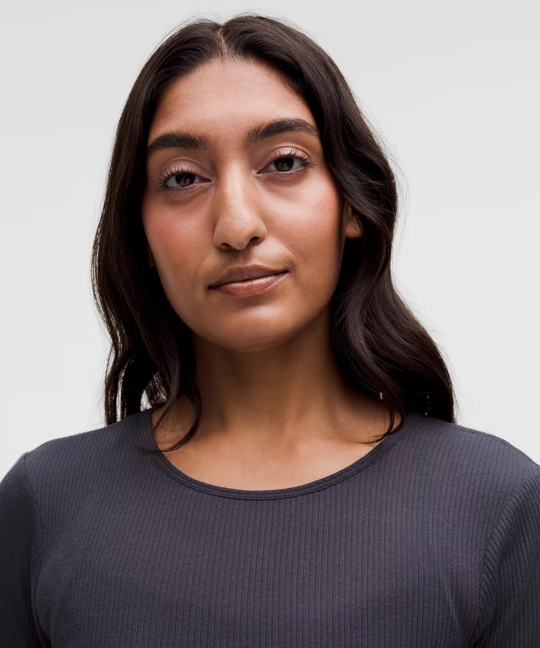 Sheer Cotton Ribbed Crewneck Long-Sleeve Shirt Product Image