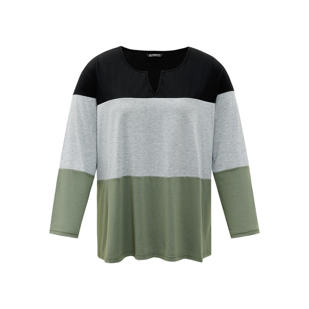 Plus Size Colorblock Contrast Notched Long Sleeve T-shirt Multicolor Women Casual Contrast Plain Notched collar Dailywear T-shirts BloomChic 10/M Product Image