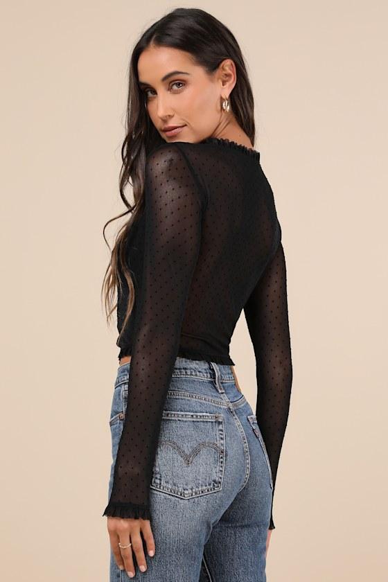 Sultry Approach Black Mesh Swiss Dot Bustier Long Sleeve Top Product Image