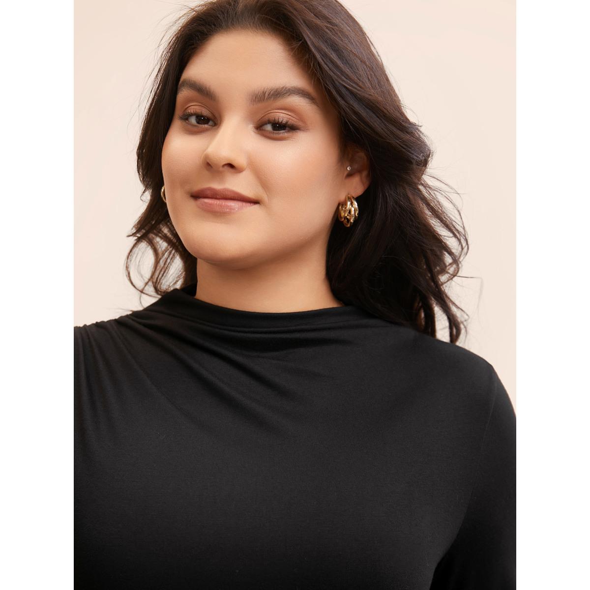 Plus Size Supersoft Essentials Mock Neck Ruched T-shirt Black Women Casual Gathered Mock Neck Skinny Everyday T-shirts BloomChic 22-24/3X Product Image