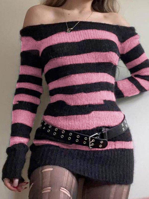 Off Shoulder Striped Knitted Mini Dress Product Image